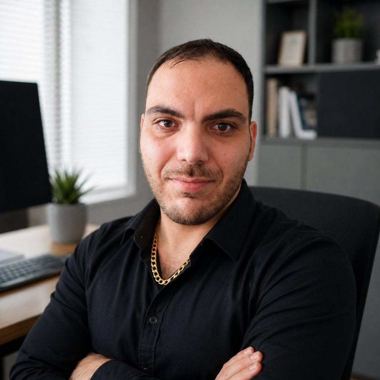 חיים רפאל, מייסד Studio Haim, יושב בשולחן העבודה שלו.