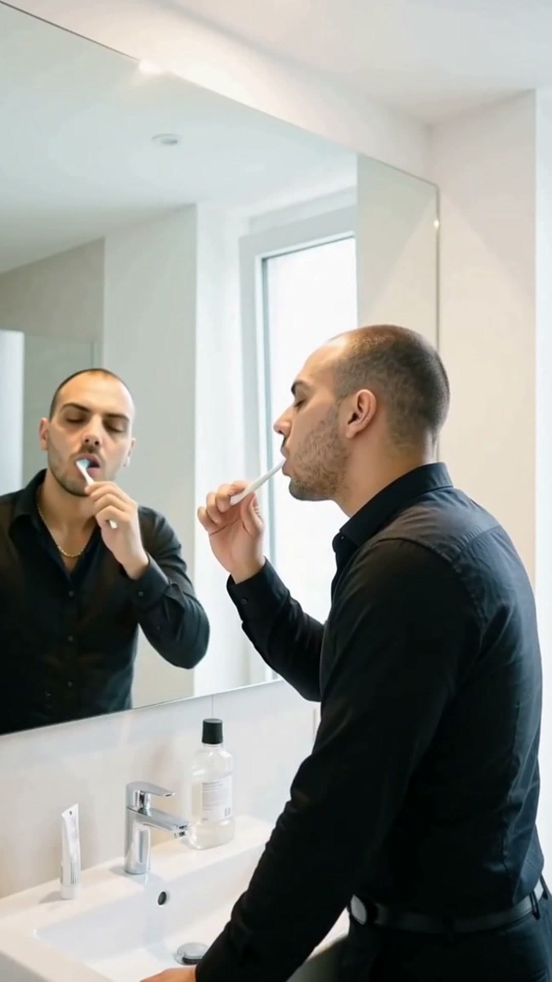 גבר מצחצח שיניים מול המראה, עם השתקפותו ואור התקרה שנדלק.