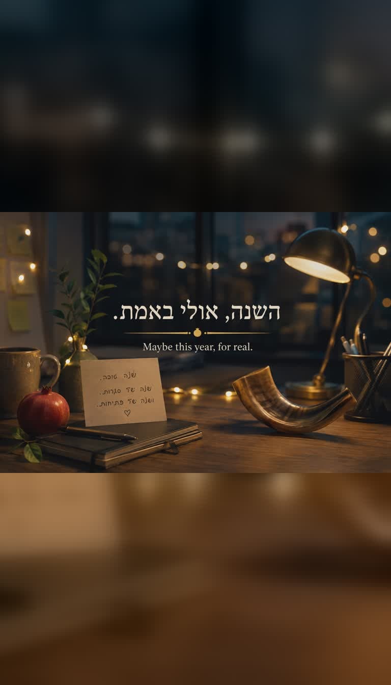 שולחן עבודה מואר בחום בלילה עם רימון, שופר והכיתוב השנה, אולי באמת.