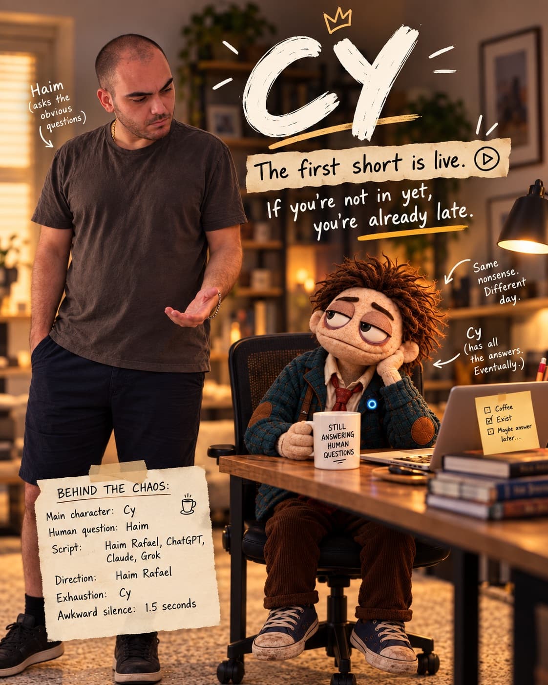 חיים ו־Cy במשרד הביתי, עם כותרת Cy וקרדיטים לסרטון הראשון.