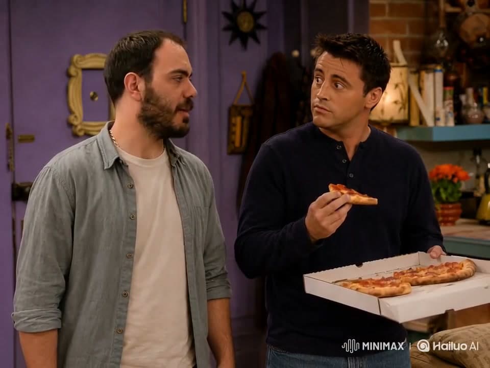 חיים ודמות נוספת בסצנת סלון בהשראת Friends.