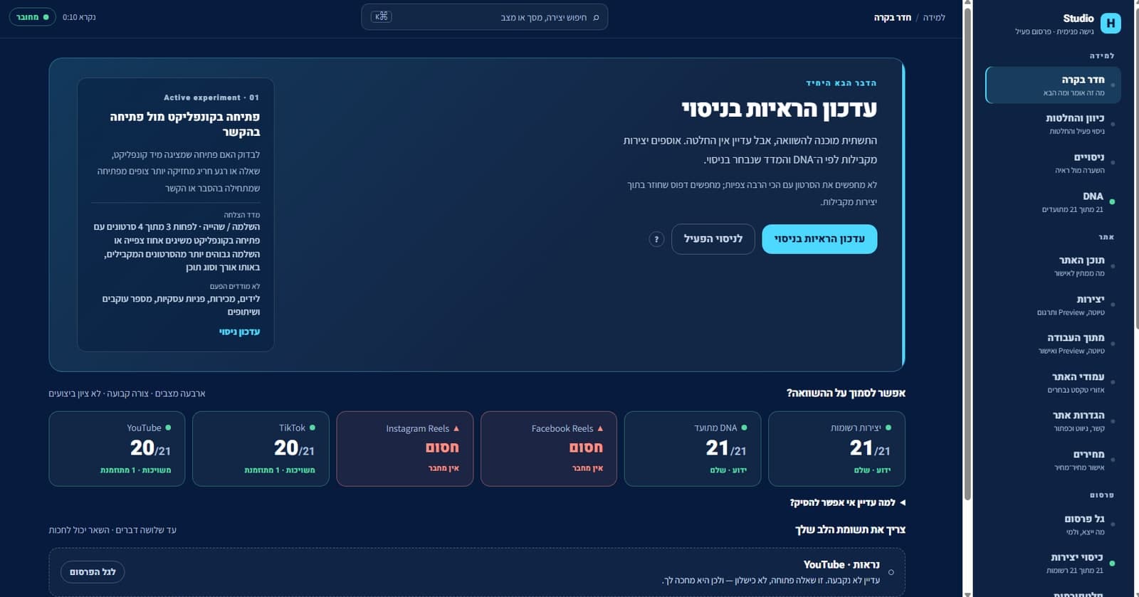 מסך חדר הבקרה: הניסוי הפעיל, וכיסוי המדידה בכל פלטפורמה